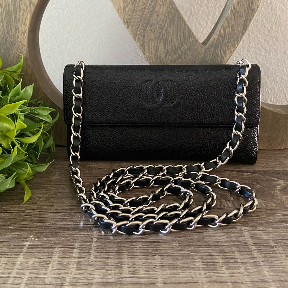 🖤⛓ Chanel Timeless Wallet on a Chain Silver Black Caviar Leather Classic Flap